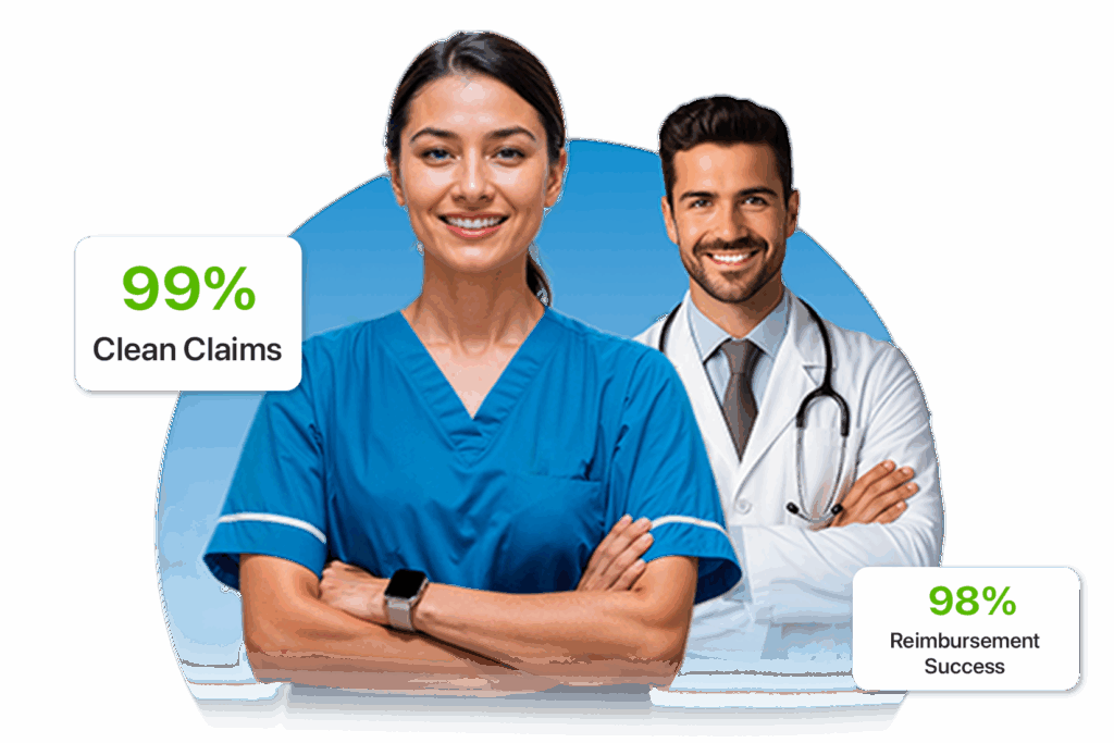 Healthcare professionals with clean claims and reimbursement success metrics