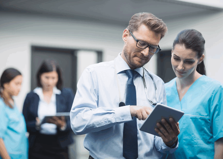 Patient registration details on tablet in a clinical setting