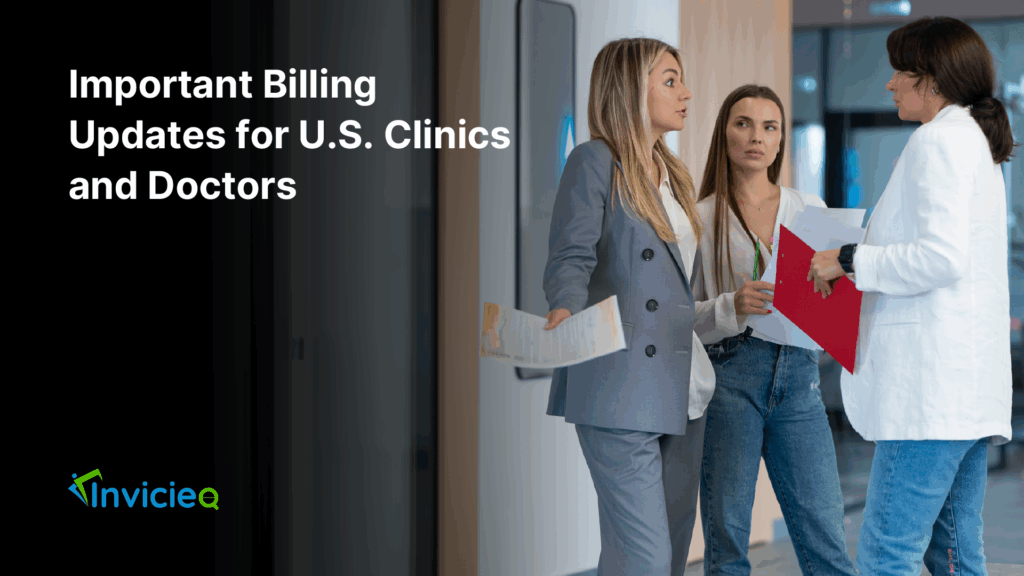 Doctor and staff reviewing updated medical billing reports in a clinic setting