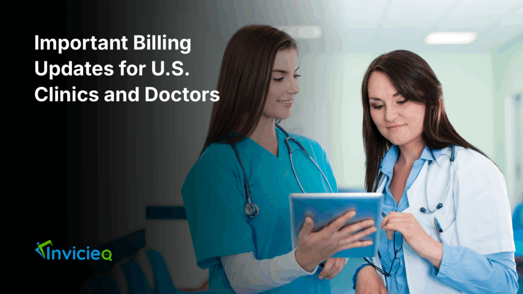 Doctor reviewing medical billing updates on a laptop in a clinic office.