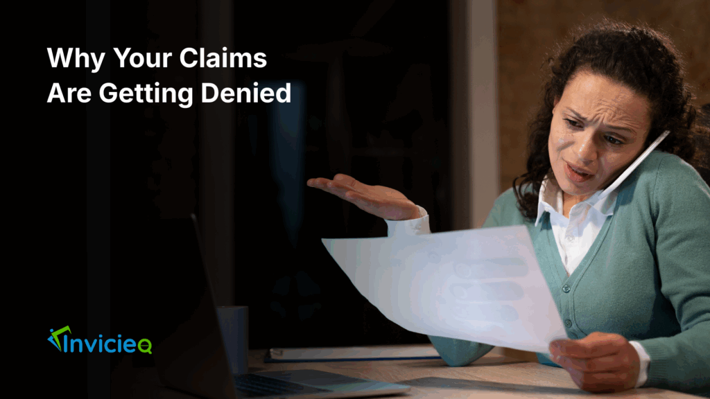 A doctor reviewing medical claim documents with a laptop and rejection notice highlighting denied claims.
