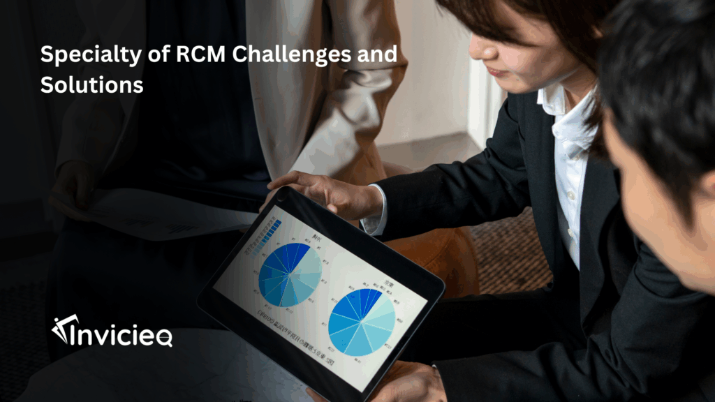 Illustration showing healthcare professionals analyzing billing data and medical reports, representing specialty RCM challenges and solutions.