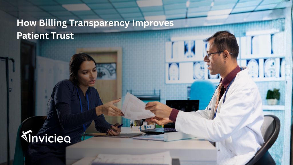 A healthcare staff member explaining a clear and transparent medical bill to a patient, highlighting trust and open communication.