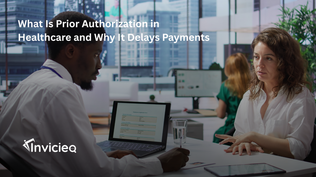 A healthcare staff member reviewing prior authorization documents and insurance approval status before claim processing.