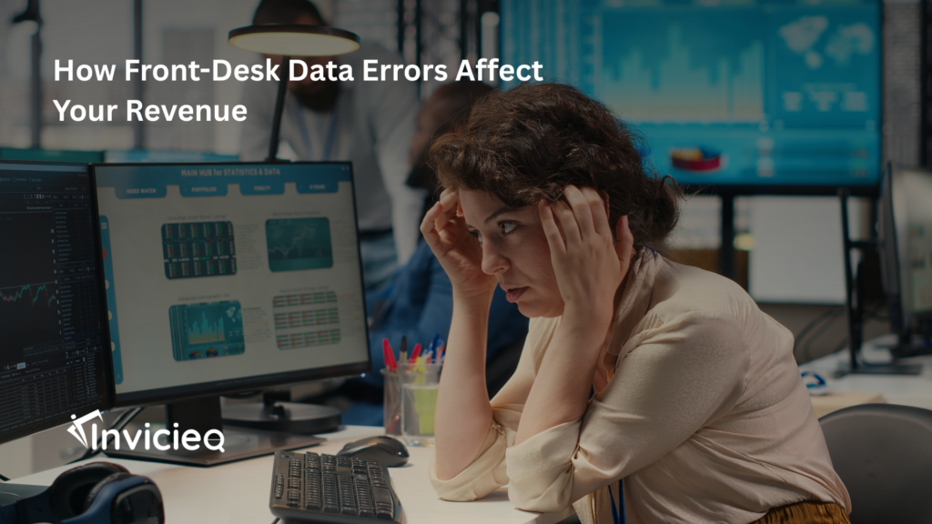 A front-desk staff member entering patient data while a billing team reviews claim errors affecting revenue.