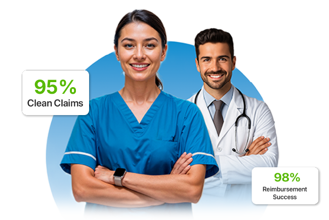 Healthcare professionals with medical billing performance metrics showing 95% clean claims and 98% reimbursement success.