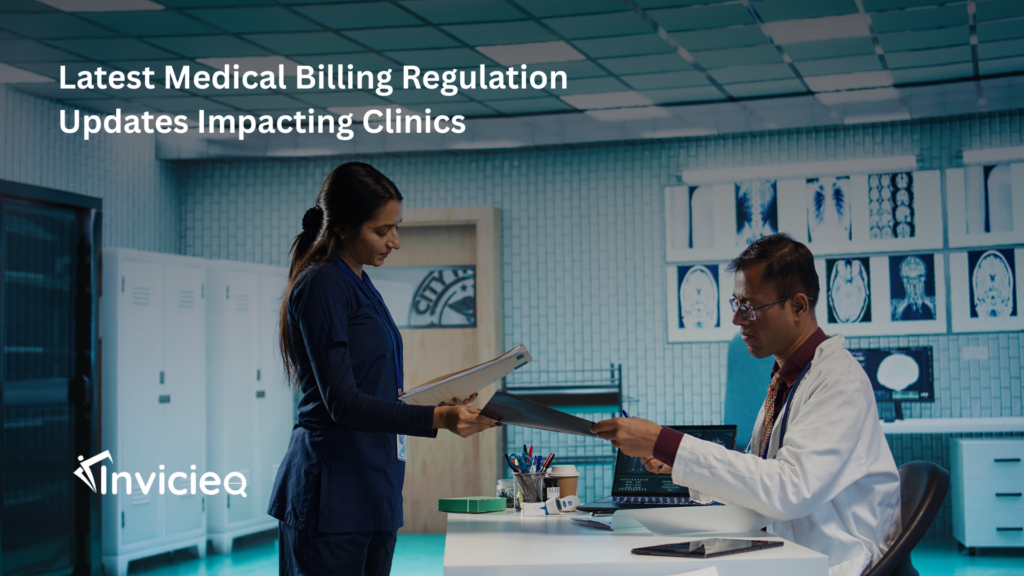 A clinic administrator reviewing updated medical billing regulations and compliance documents on a computer.