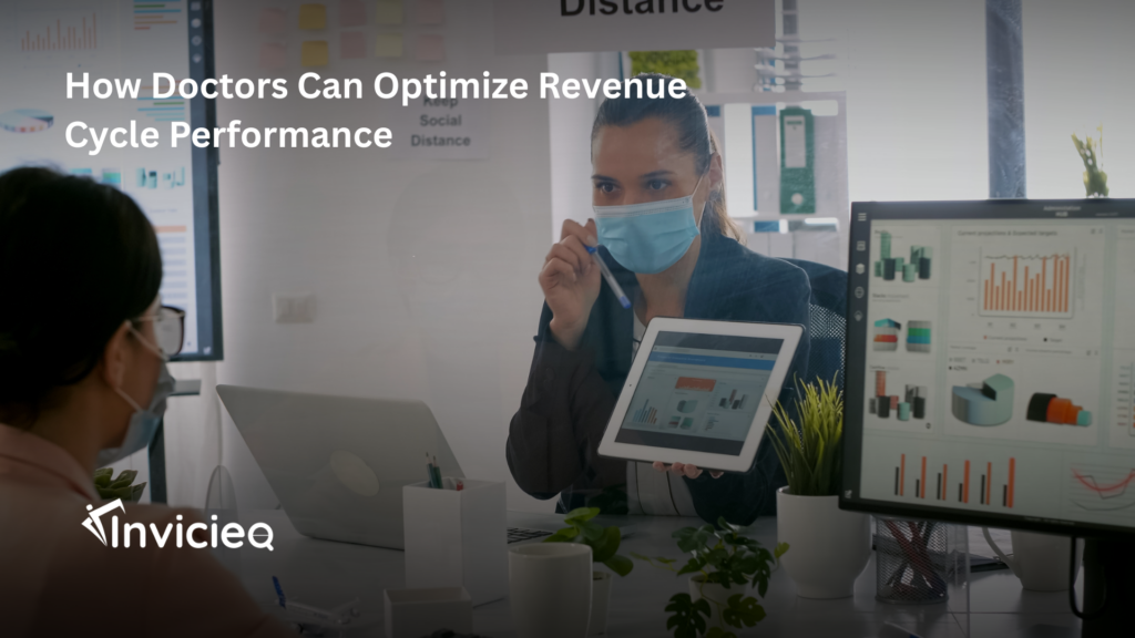 A doctor reviewing revenue cycle performance metrics on a healthcare billing dashboard.