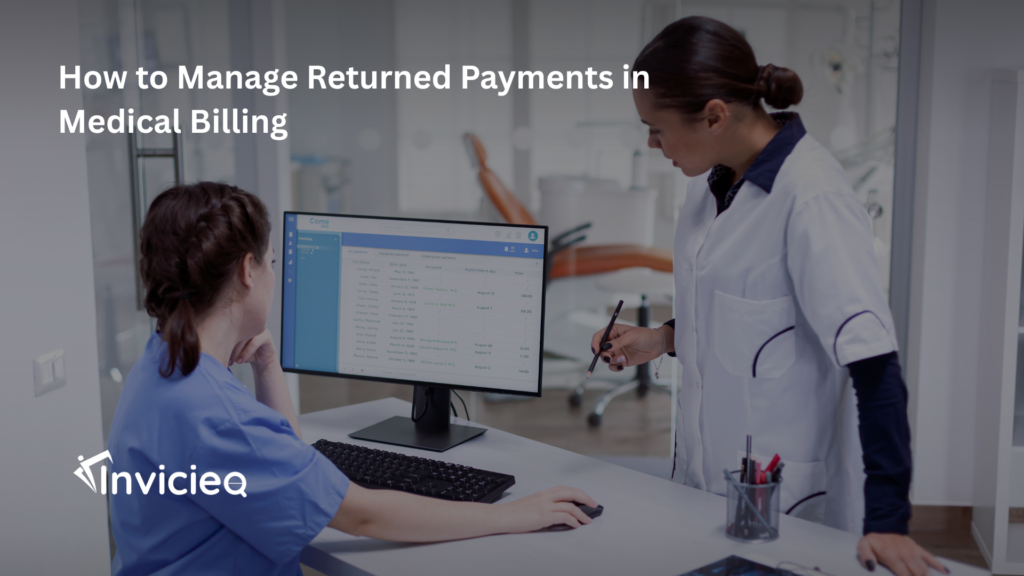 A medical billing specialist reviewing returned payments and updating financial records in a billing system.