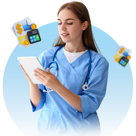 About InvicieQ – Trusted medical billing and compliance experts Healthcare professional using a digital tablet with billing icons representing InvicieQ's services